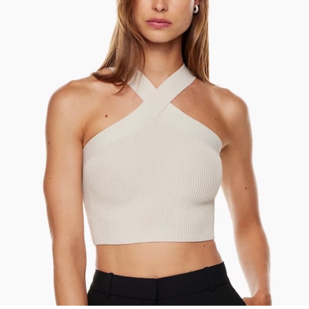 Aritzia Babaton Sculpt Knit Criss Cross Cream Crop Top